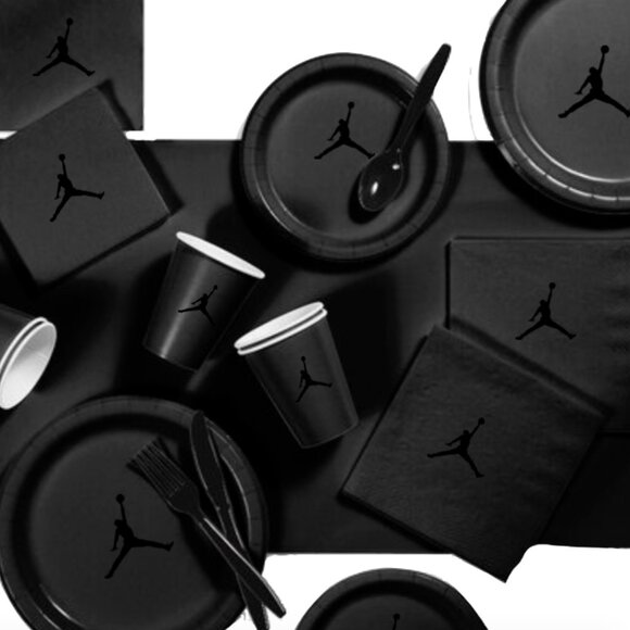 Custom shoe Paper Party Plates Set, Black, 60 Count, Basketball Theme, Jumpman - Picture 1 of 5